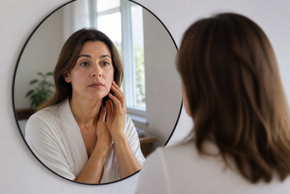 Donna che osserva il suo viso nello specchio con linee geometriche sottili sovrapposte per mostrare le proporzioni del viso ovale, tondo, quadrato e triangolare, con illuminazione naturale