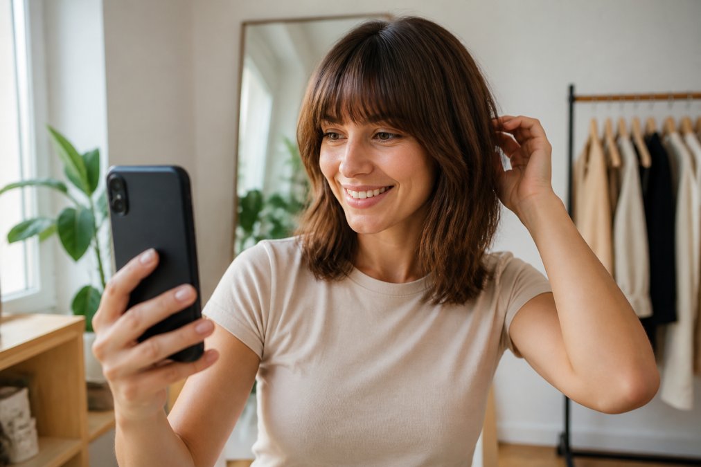 Donna che utilizza uno smartphone con un'app di simulazione taglio capelli, visualizzando l'anteprima virtuale di un nuovo taglio sul suo volto in una stanza luminosa con luce naturale