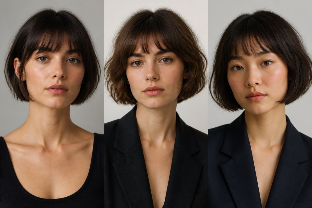 Collage fotografico di tre donne diverse con forme del viso differenti (ovale, quadrato, rotondo) che indossano il French Bob Evolution, mostrando come il taglio si adatta a vari volti, illuminazione studio professionale