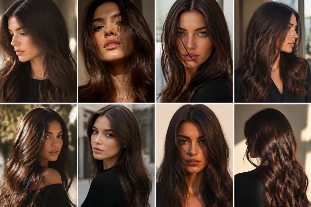 Modella con capelli castano scuro lucido e riflessi naturali, illuminati da luce naturale soft, che incarna l'eleganza sofisticata dell'alta moda 2026