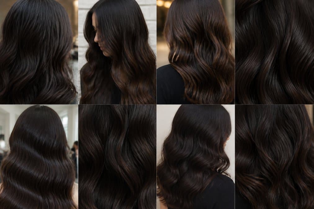 Dettaglio primo piano di capelli espresso brunette con profondità cromatica ricca, mostrando la lucentezza naturale e la dimensione del colore sotto luce morbida