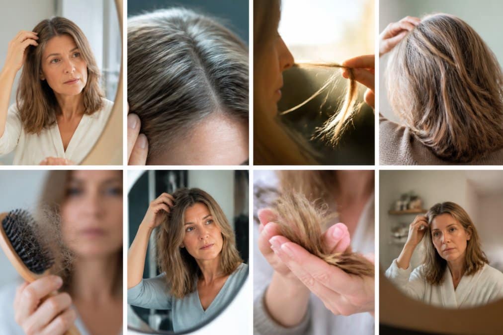Donna di mezza età che esamina i propri capelli allo specchio con luce naturale, mostrando la texture e la densità dei capelli in controluce