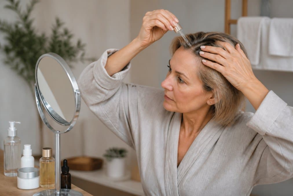 Donna che applica un trattamento riempitivo sui capelli con movimenti delicati, con prodotti di cura visibili sul tavolo accanto