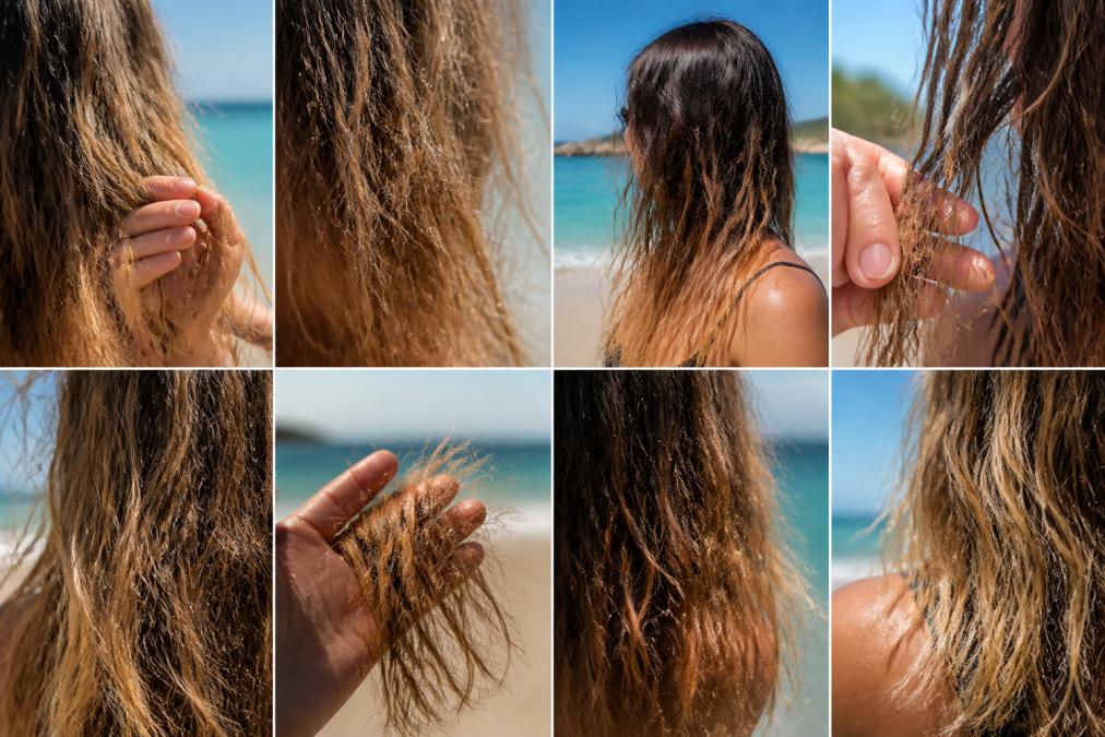 Close-up of sun-damaged hair strands showing visible dryness, frizz and lack of shine, with blurred beach scenery suggesting sun exposure and salt water