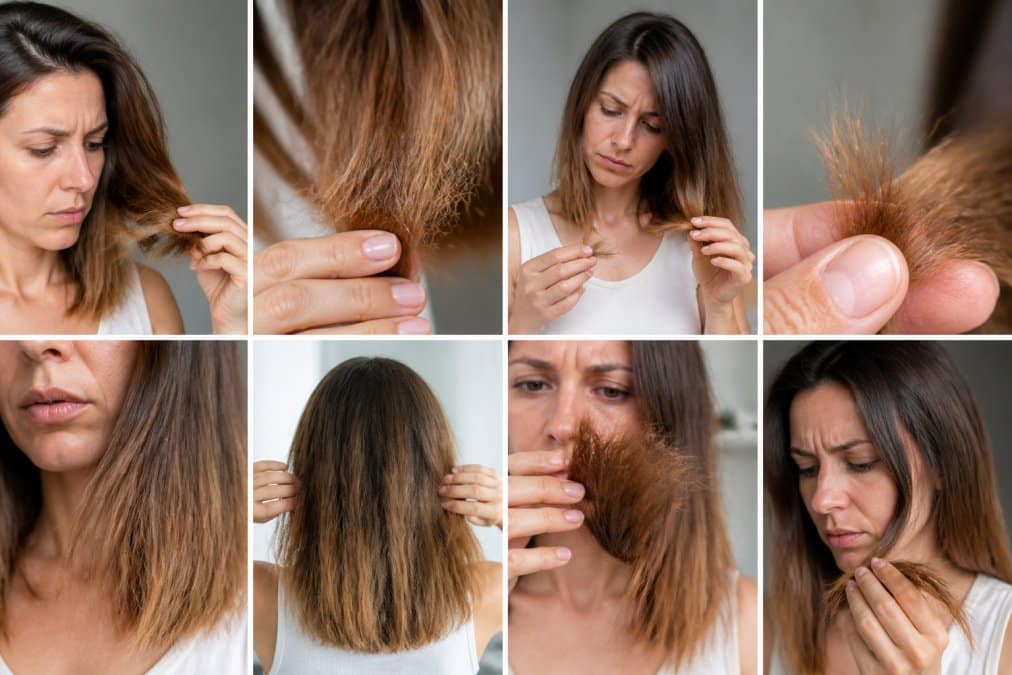 Woman examining her hair in natural light, showing visible dryness, split ends and dull texture on medium-length hair