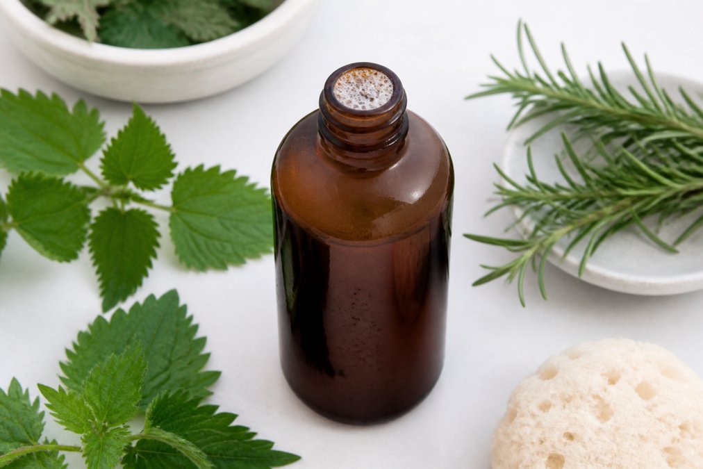 Open bottle of natural shampoo with visible organic ingredients like nettle and rosemary leaves scattered around it on white surface with soft natural lighting