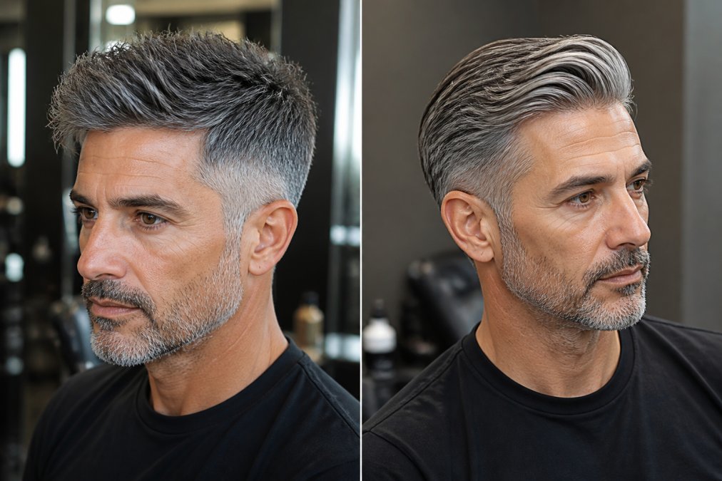 Uomo con capelli brizzolati naturali ben curati, sfumatura definita ai lati, ciuffo con texture visibile sotto luce naturale in ambiente moderno