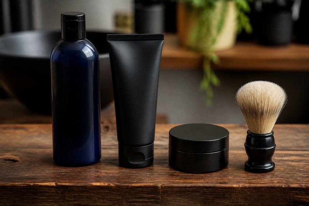 Prodotti per cura capelli brizzolati disposti su legno naturale: bottiglia di shampoo antigiallo, tubo di gel riflessante nero, barattolo di cera opaca, pennello da barba