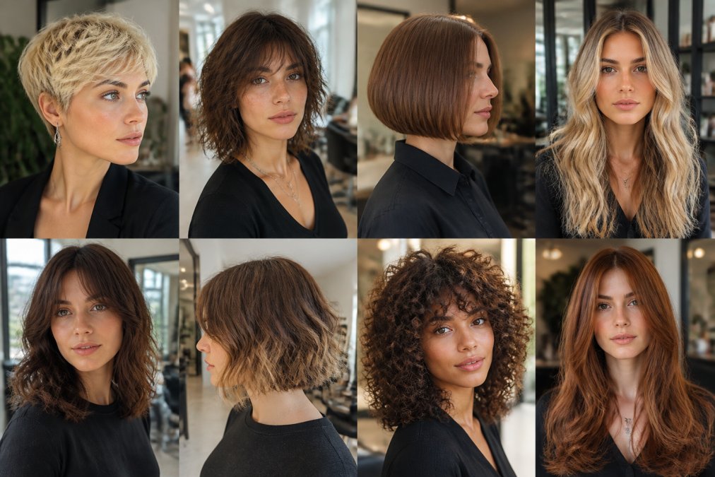 Collage of diverse women with trendy 2026 haircuts (short, medium, long) in various styles and textures, natural lighting in modern salon setting