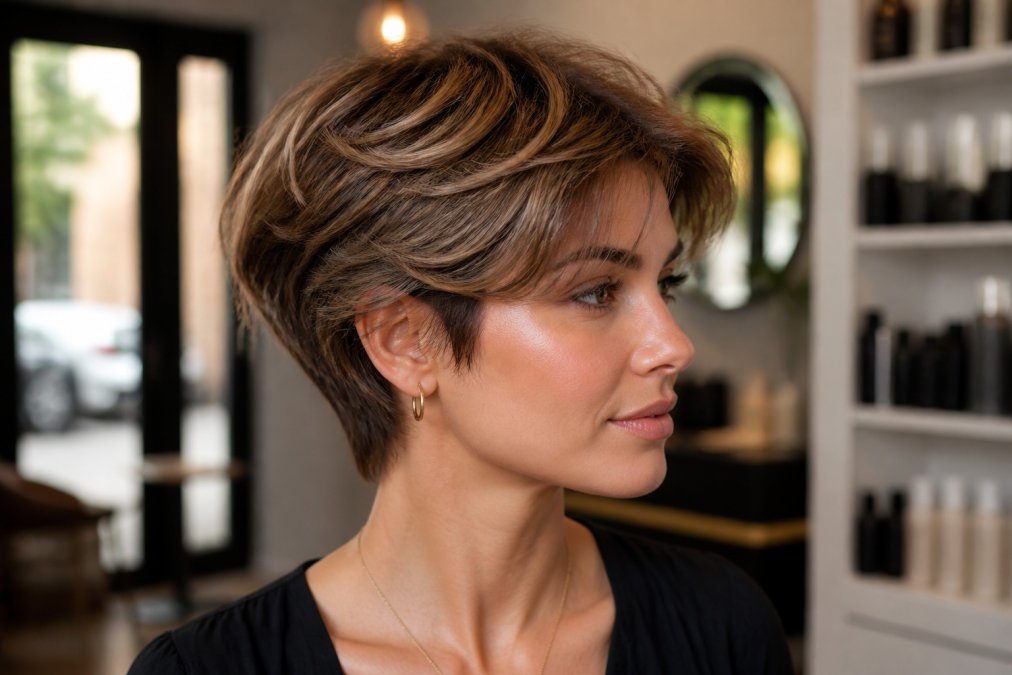 Woman with soft bixie haircut, short layered hair with natural volume and dimensional texture, natural salon lighting