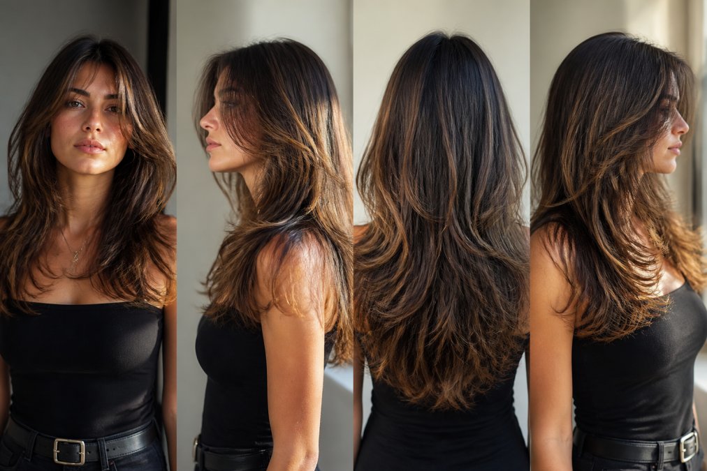 Donna con capelli lunghi scalati e voluminosi, fotografata da diverse angolazioni per mostrare il movimento e la texture del taglio con illuminazione laterale che evidenzia i strati