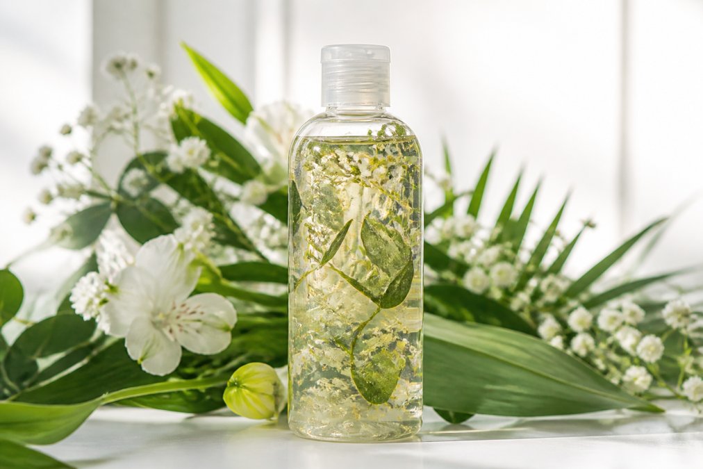 Primo piano di una bottiglia di shampoo trasparente con ingredienti naturali visibili al suo interno, circondata da foglie verdi fresche e fiori bianchi su sfondo bianco minimalista
