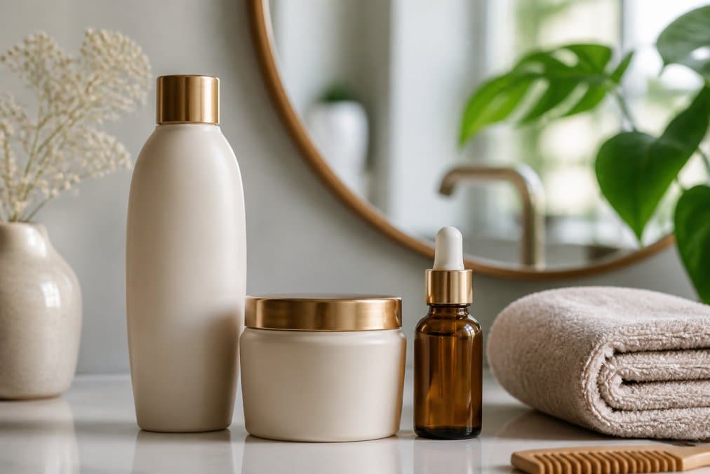 Prodotti per la cura dei capelli disposti su un piano: shampoo delicato, maschera nutriente, siero rinforzante in confezioni eleganti