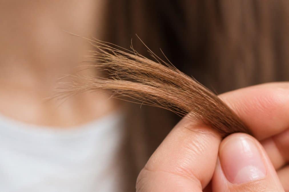 Close-up dettagliato di capelli con doppie punte evidenti, illuminazione naturale che mostra la sfaldatura della fibra capillare e la separazione delle estremità