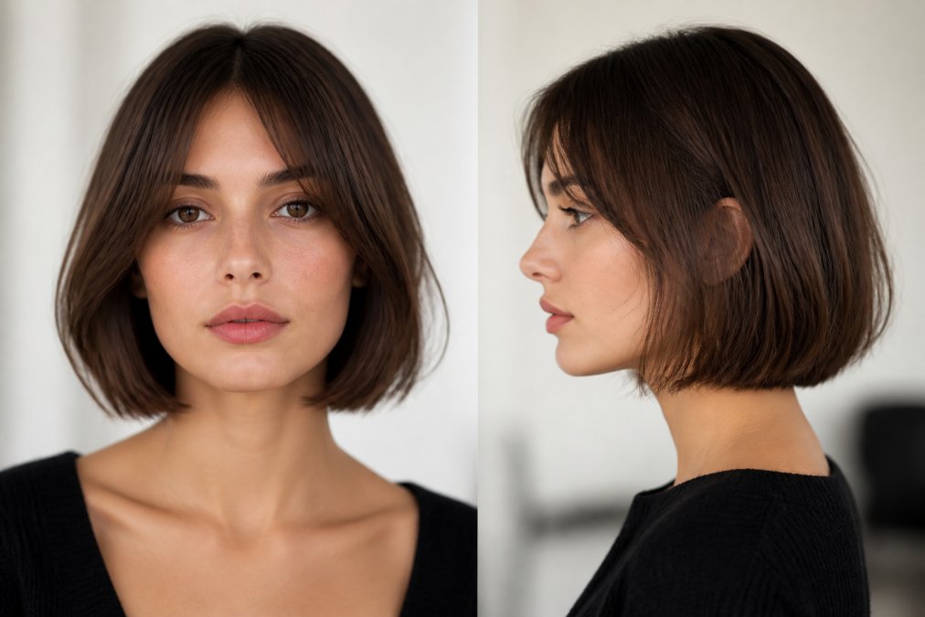 Donna con French Bob Evolution perfetto, capelli lisci e lucidi con linee morbide, inquadratura frontale e laterale che mostra la struttura raffinata del taglio, illuminazione naturale in studio