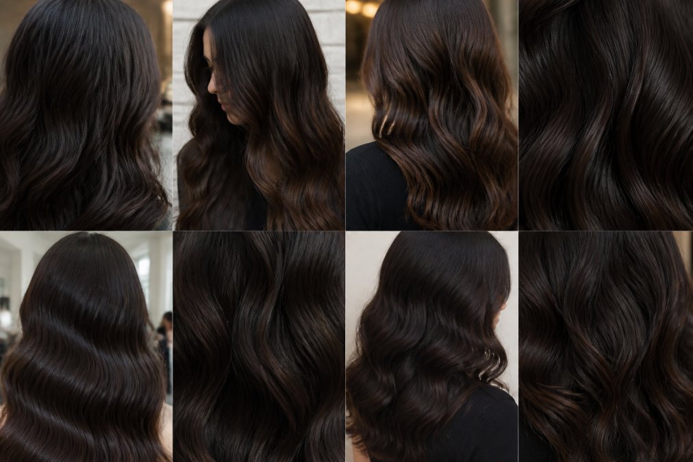 Dettaglio primo piano di capelli espresso brunette con profondità cromatica ricca, mostrando la lucentezza naturale e la dimensione del colore sotto luce morbida