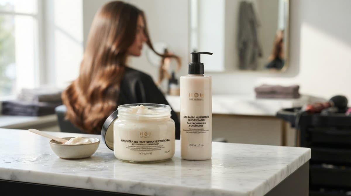 Barattoli di maschera ristrutturante e flacone di balsamo nutriente posizionati fianco a fianco su una superficie di marmo bianco, con capelli setosi lucidi di sfondo