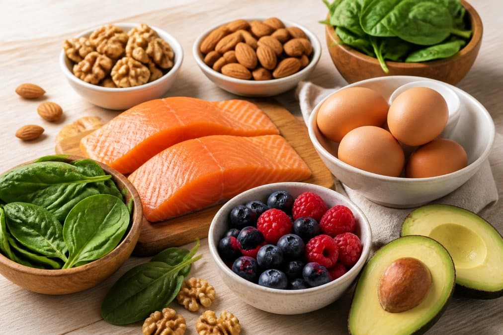 Tavolo con alimenti ricchi di nutrienti disposti armoniosamente: uova fresche, filetto di pesce, noci, mandorle, verdure a foglia verde, frutti di bosco e avocado su superficie di legno chiaro