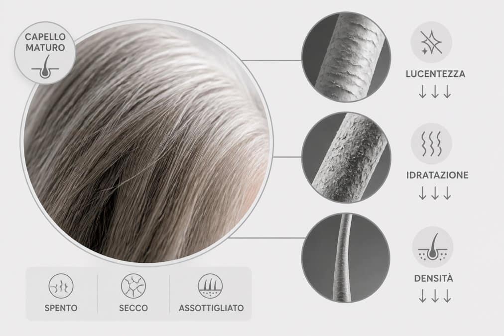 Close-up of mature hair showing loss of shine, dryness, and thinning of the hair shaft under natural light