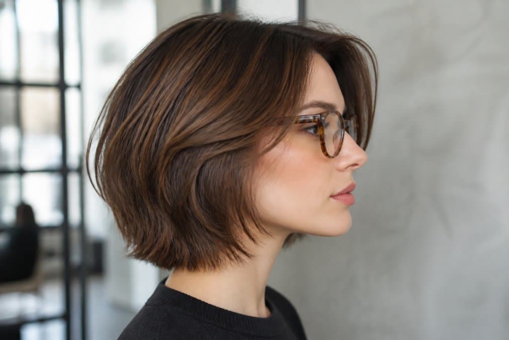 Donna con occhiali da vista che indossa un caschetto medio scalato, ripresa di profilo per mostrare come il taglio incornicia il viso senza interferire con la montatura, con illuminazione naturale in studio